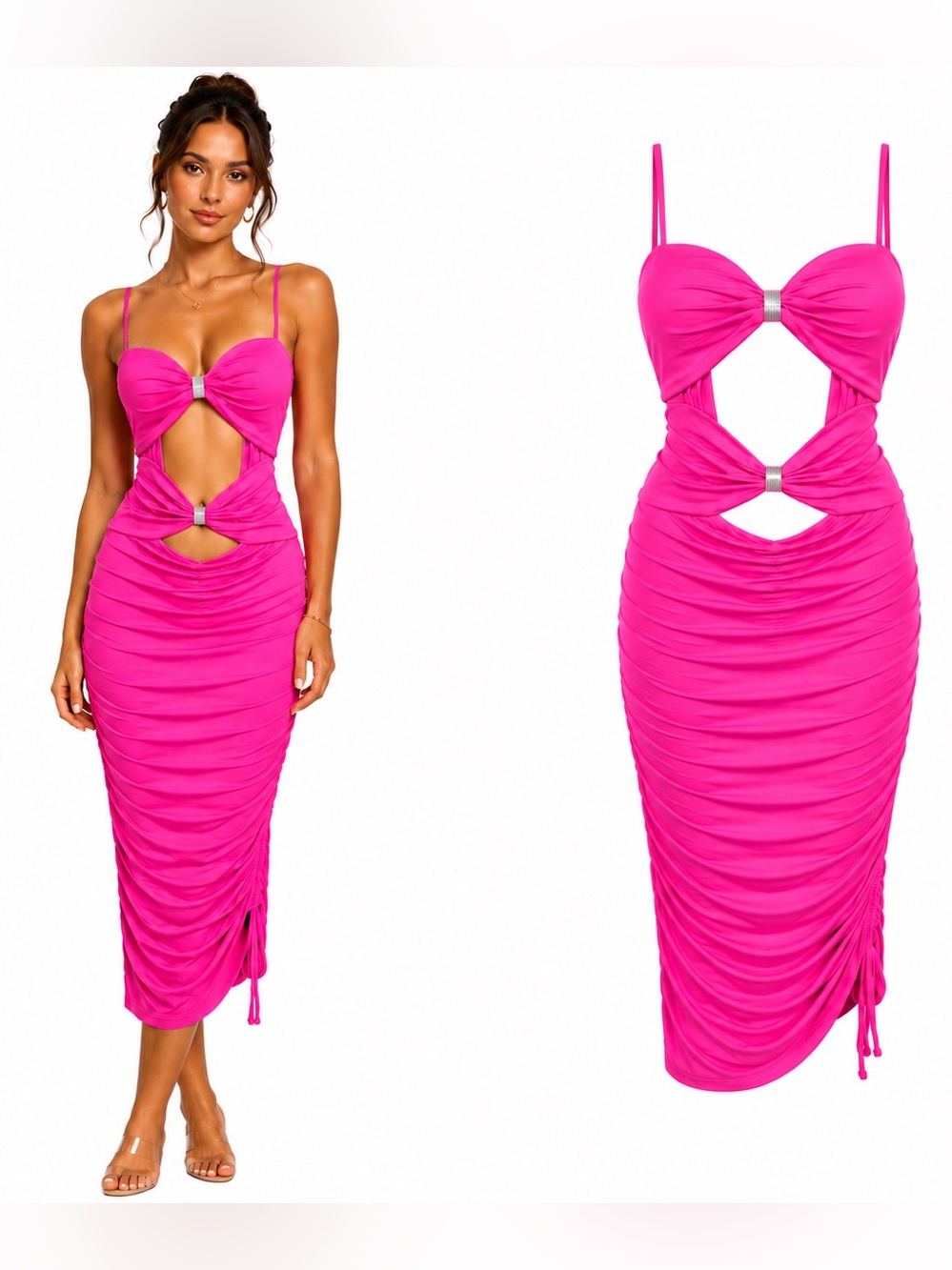 Fashion Nova Fuchsia Cut-Out Ruched Mesh Midi Dress Fits 1X/XL runs small
